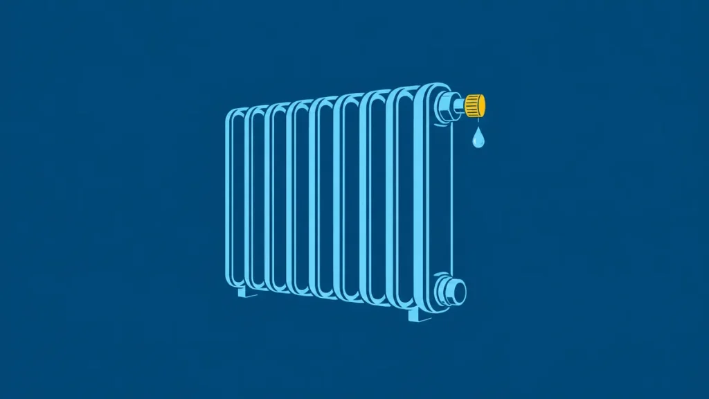 Radiador de calefacción con el purgador en la esquina superior soltando una gota de agua