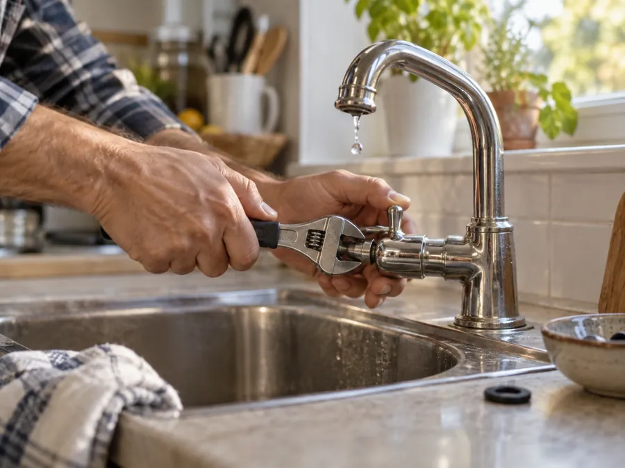 Manos con una llave ajustable reparando el grifo de una cocina que gotea