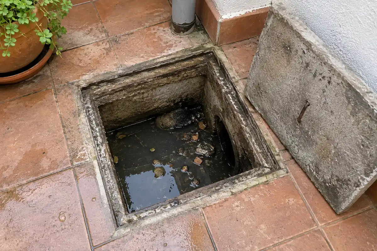 Arqueta de registro abierta en el patio de una vivienda, con agua residual estancada y restos acumulados en el fondo