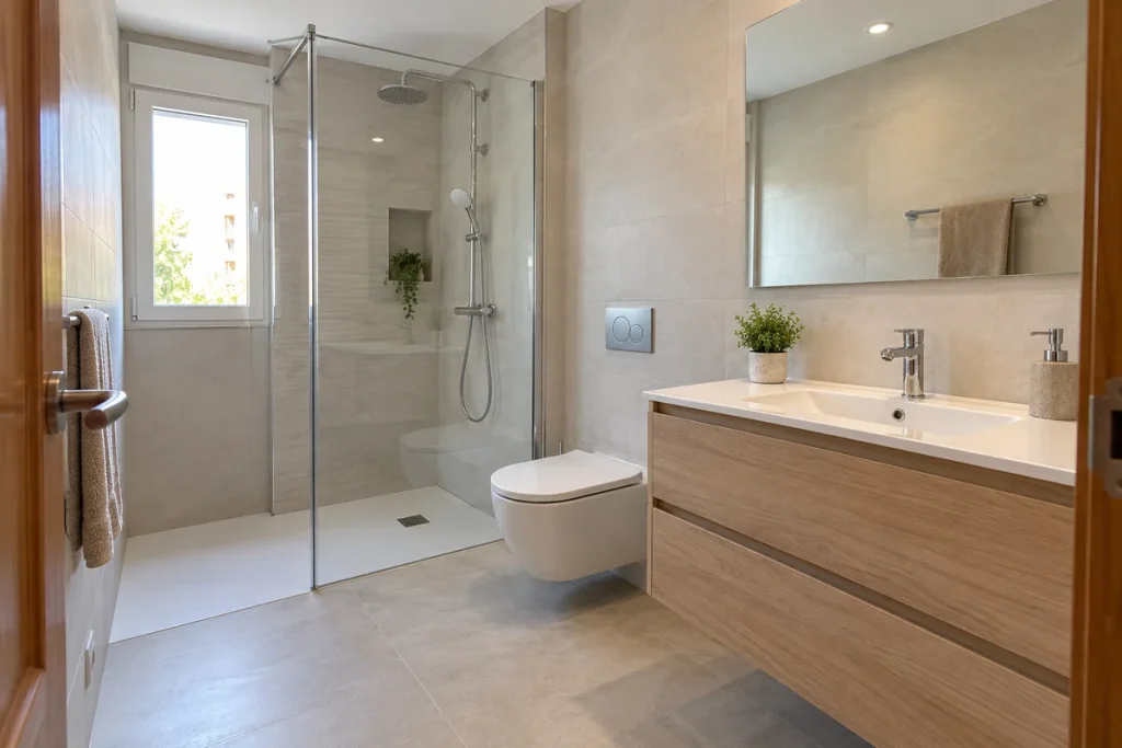 Cuarto de baño reformado con plato de ducha extraplano a ras de suelo, mampara de cristal, inodoro suspendido y mueble de lavabo
