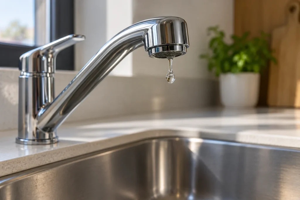 Grifo monomando de cocina goteando: una gota de agua se desprende del aireador y cae sobre el fregadero de acero inoxidable