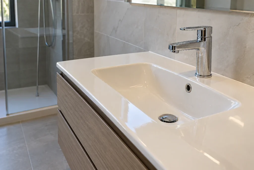 Grifo monomando cromado instalado sobre el lavabo de un cuarto de baño con mueble suspendido