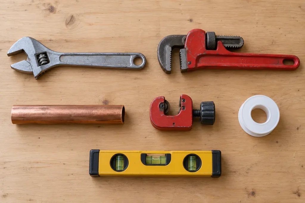 Herramientas de fontanería sobre un banco de madera: llave inglesa, llave grifa, cortatubos, tubo de cobre, cinta de teflón y nivel