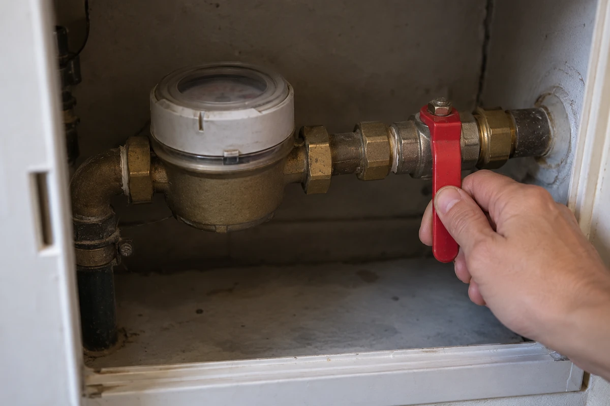 Mano accionando la llave de paso general de bola junto al contador de agua dentro del armario de la entrada