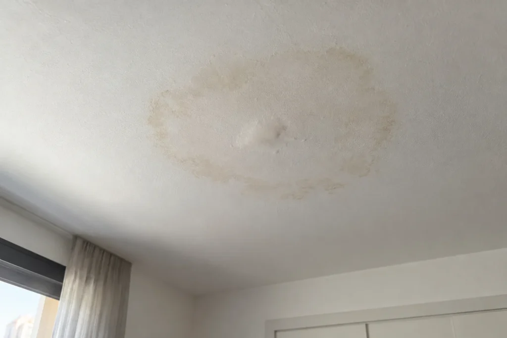 Mancha de humedad circular en el techo de una habitación, señal habitual de una fuga de agua en el piso superior