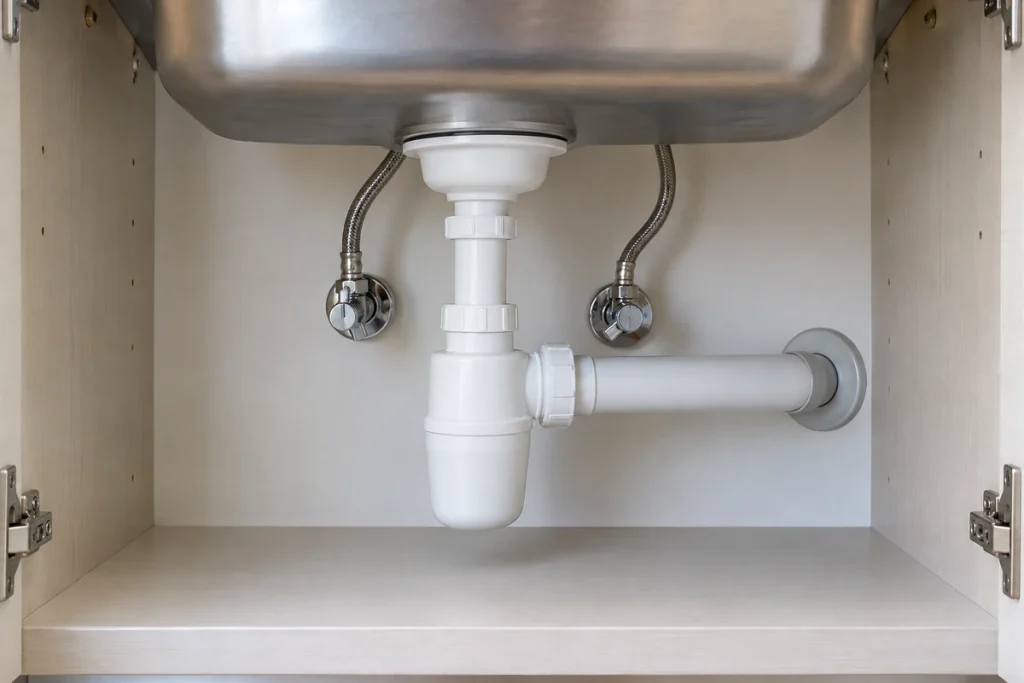 Sifón de botella de PVC y llaves de escuadra con latiguillos flexibles en el mueble bajo el fregadero