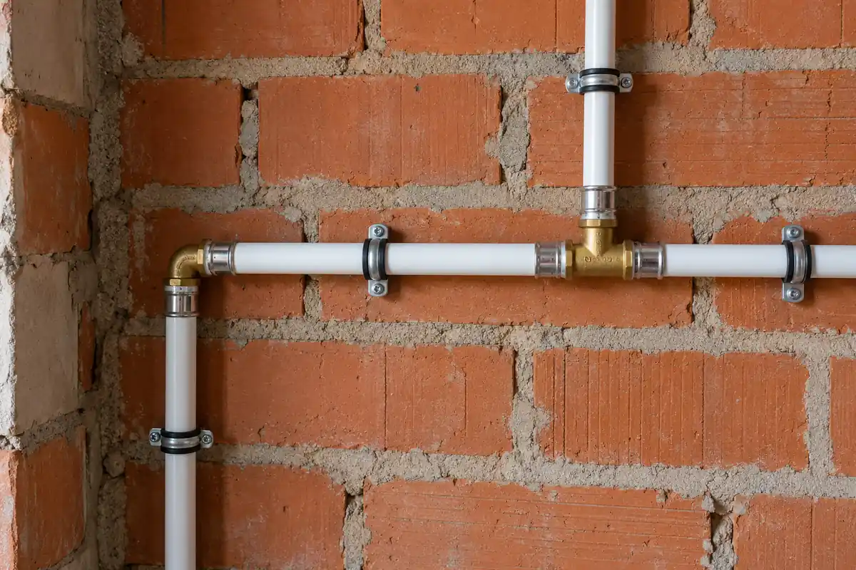 Tubería multicapa blanca con accesorios de latón a presión instalada sobre una pared de ladrillo